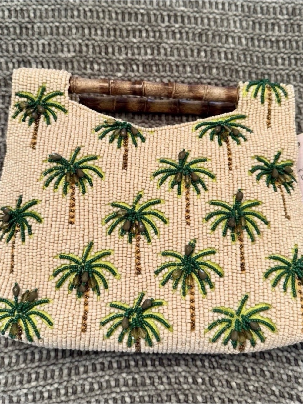 Beaded Palm Tree Handbag in Cream and Green